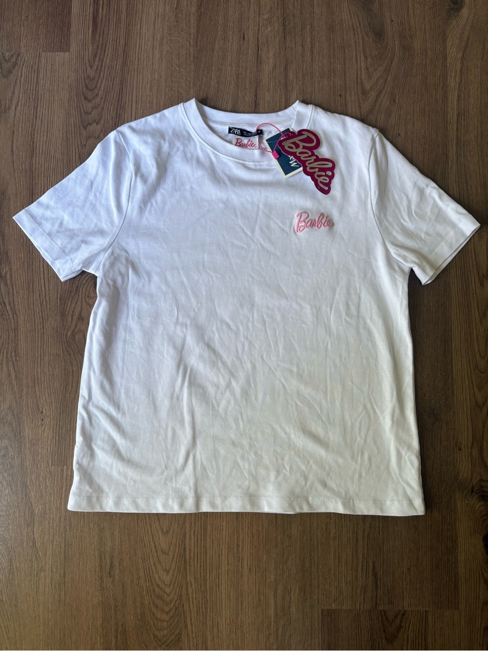 Zara Barbie Tee Size L Pink and White Short Sleeve